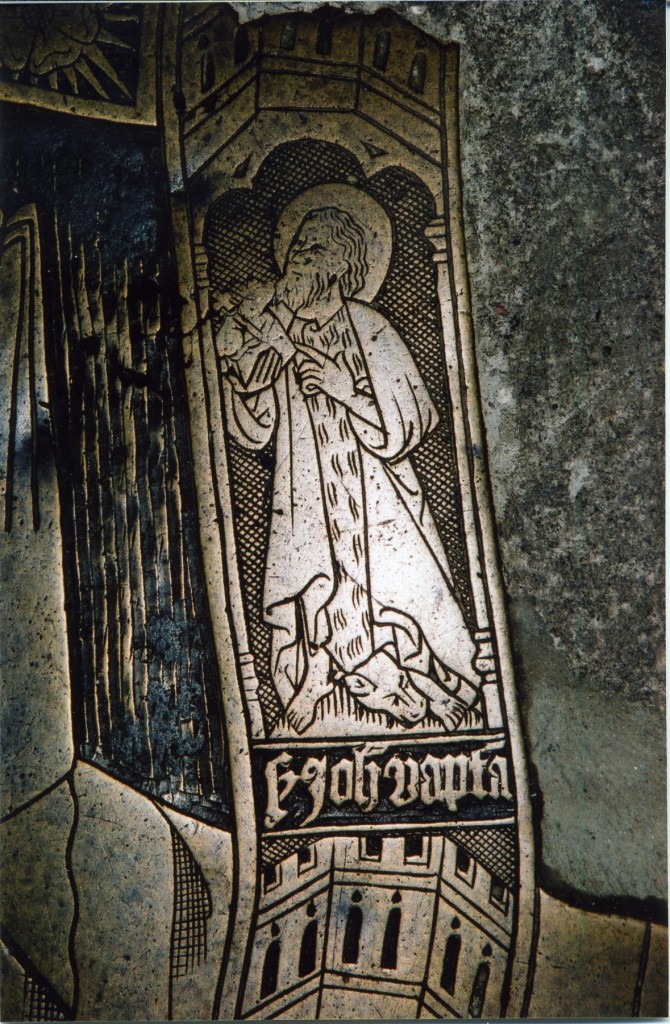 Photograph of detail of the brass showing St. John Baptist